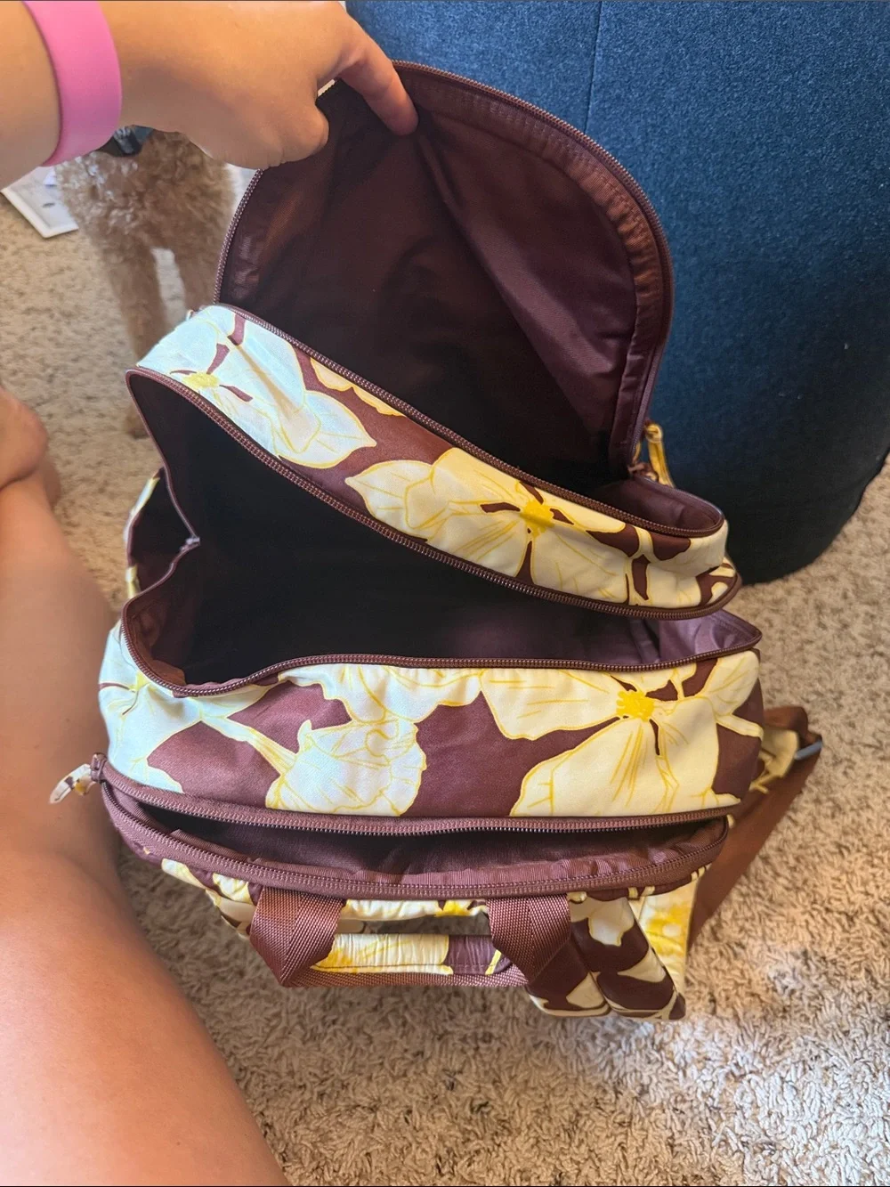 Vera Bradley XL Bancroft Brown Floral Backpack with Cream and Yellow Flowers
